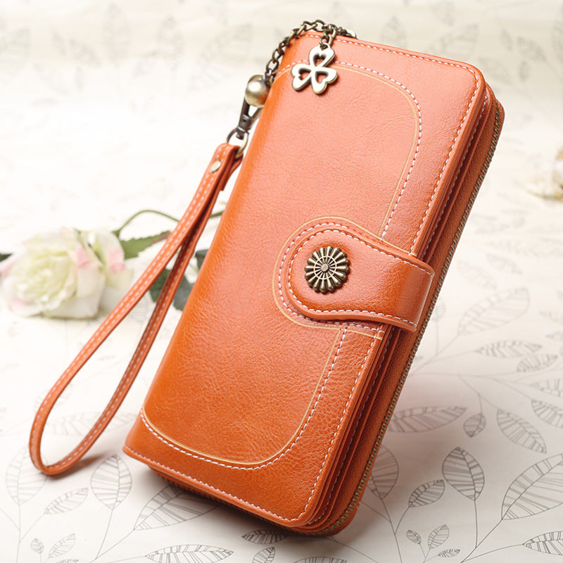 Women's Mobile Long Zipper Oil Leather Hand Ladies Wallets