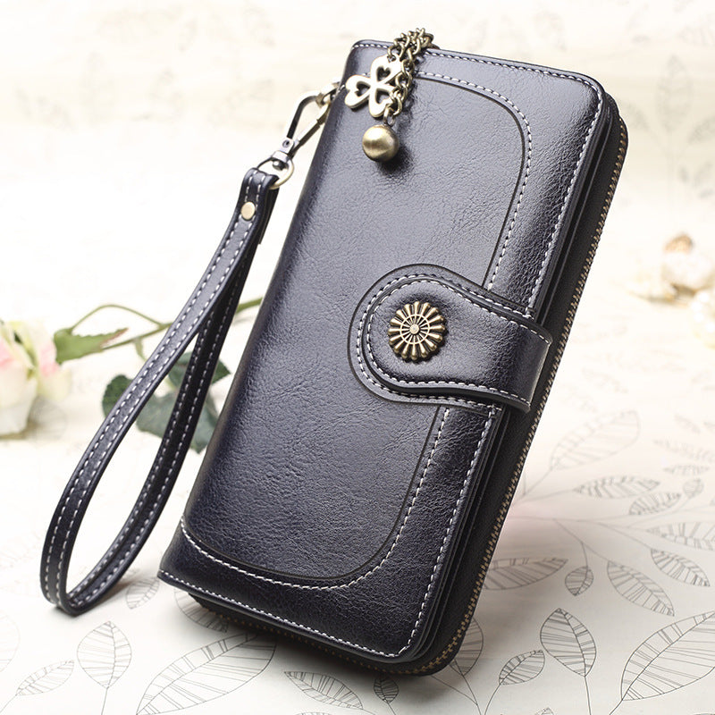 Women's Mobile Long Zipper Oil Leather Hand Ladies Wallets