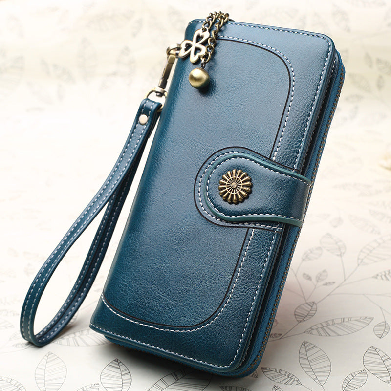 Women's Mobile Long Zipper Oil Leather Hand Ladies Wallets