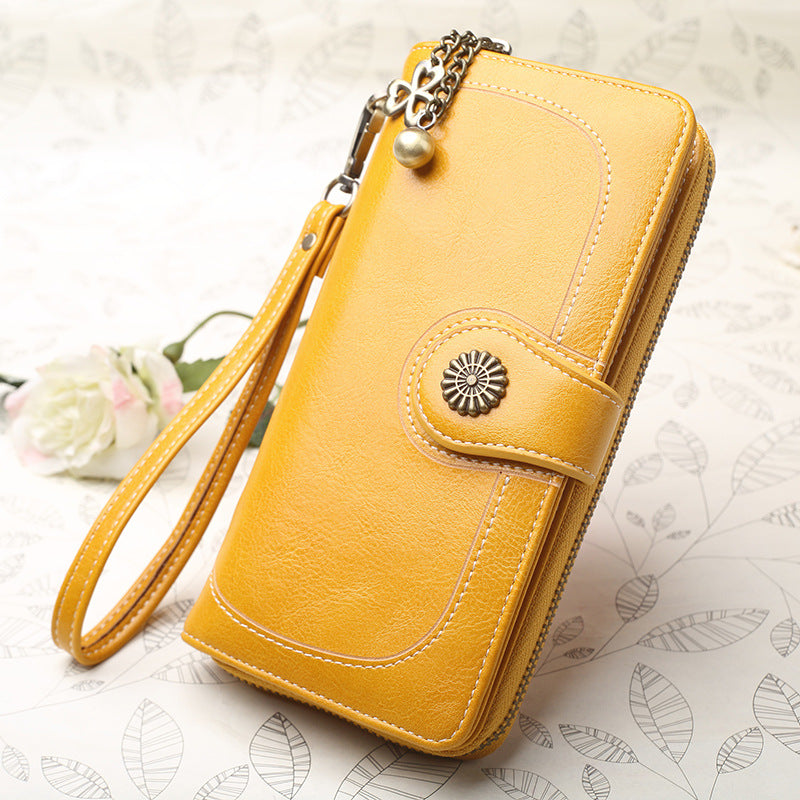 Women's Mobile Long Zipper Oil Leather Hand Ladies Wallets