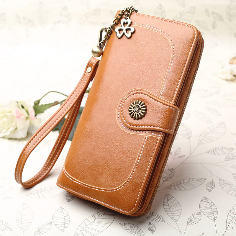 Women's Mobile Long Zipper Oil Leather Hand Ladies Wallets