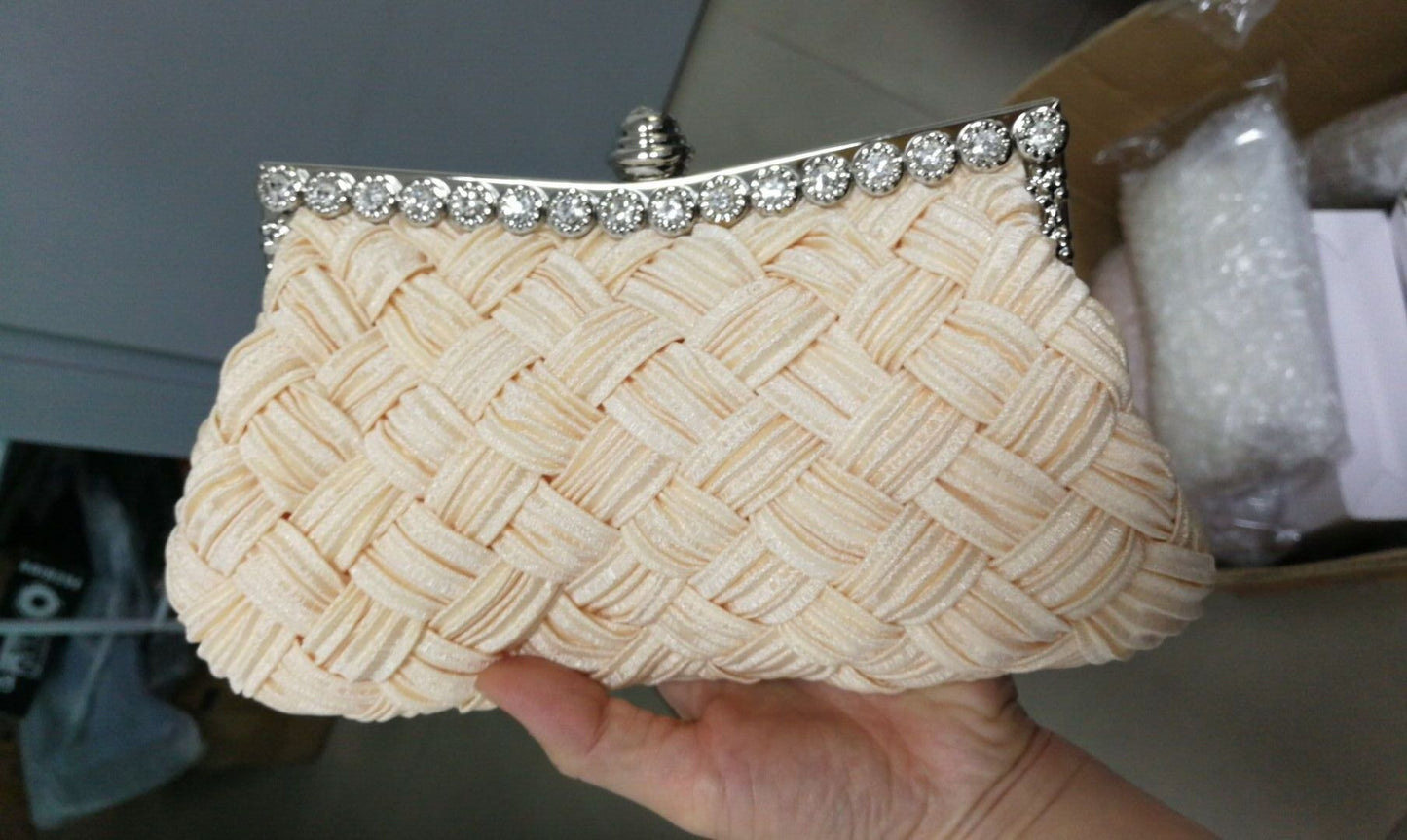 Women's Satin Woven Rhinestone Diamond Bride Clutch Evening Bags