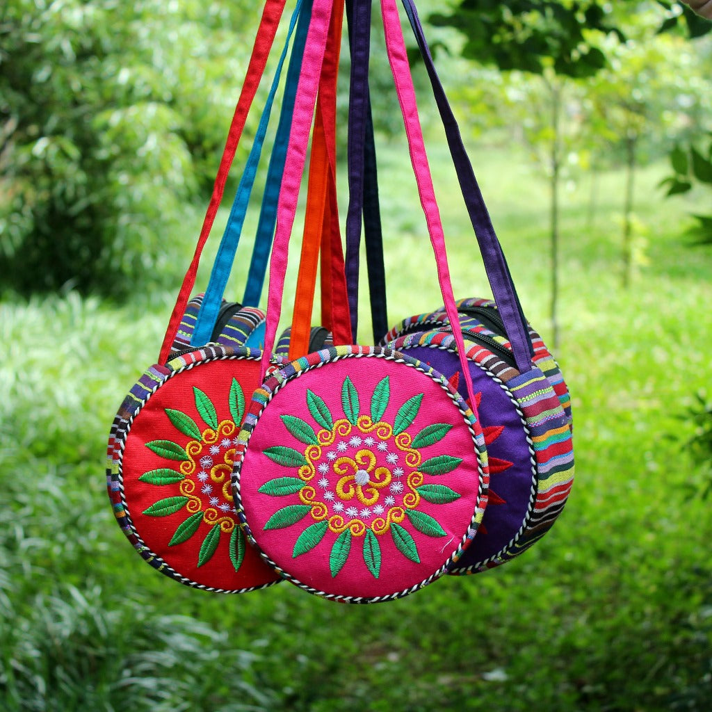 Ethnic Style Sunflower Embroidered Canvas Rainbow Round Crossbody Bags