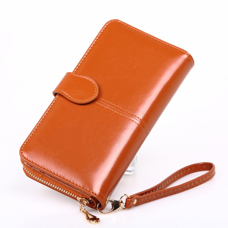 Women's Oily Leather Long Mobile Zipper Hand Bags