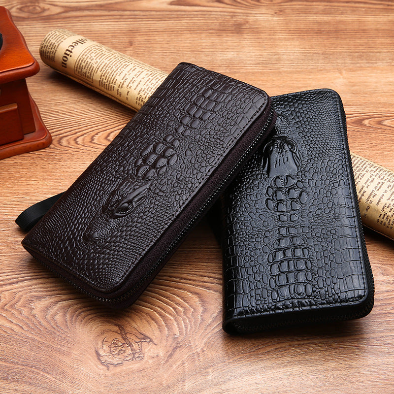 Men's Crocodile Long Type Leather Zipper Clutch Men's Wallets