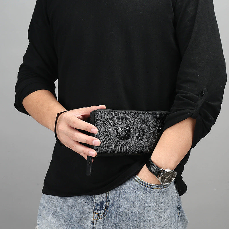 Men's Crocodile Long Type Leather Zipper Clutch Men's Wallets