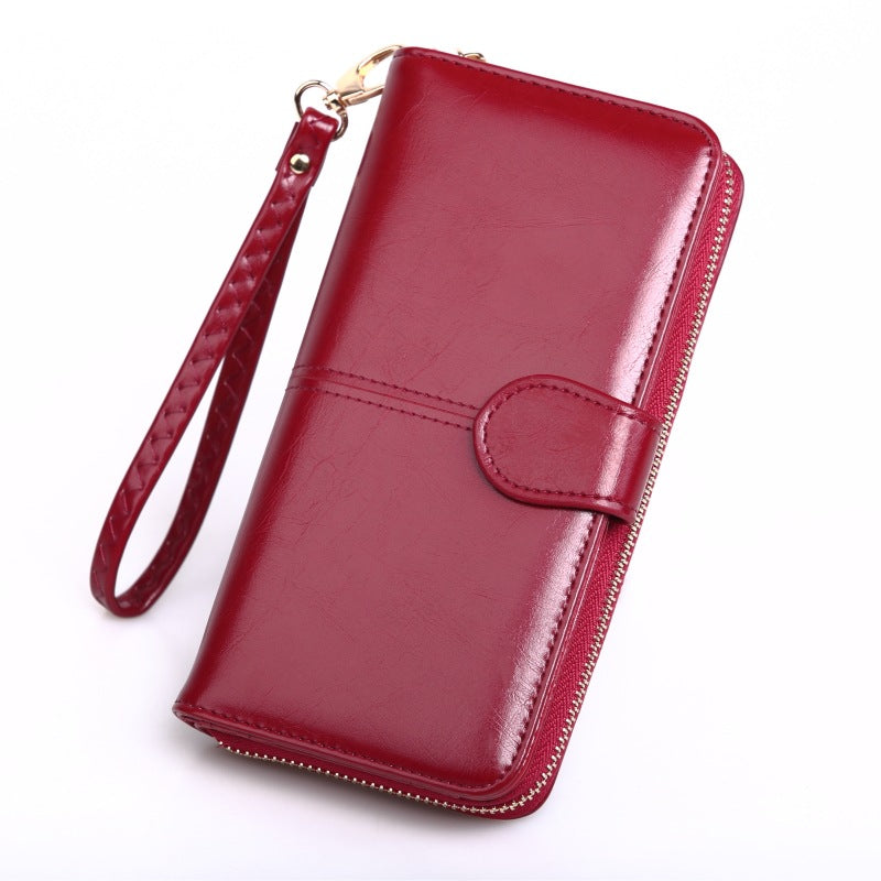 Women's Oily Leather Long Mobile Zipper Hand Bags