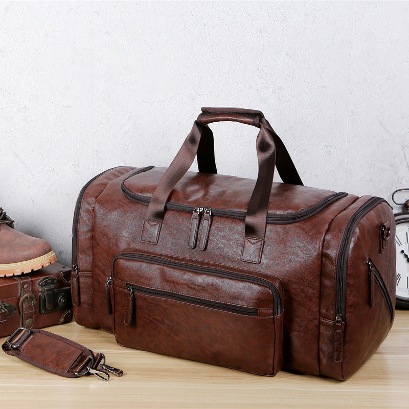 Men's Large Capacity Leather Lychee Pattern Retro Travel Bags