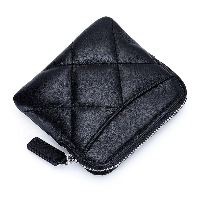 Women's Sheepskin Fashion Genuine Leather Embroidered Plaid Multiple Coin Purses