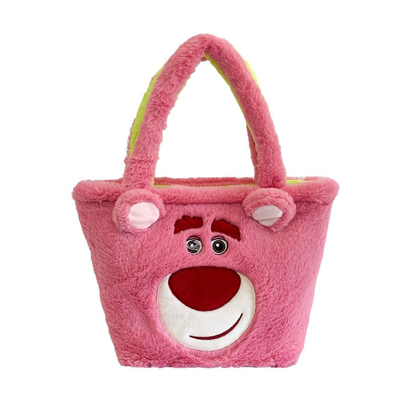 Sacs à bandoulière en tissu ours fraise en peluche pour femmes, sacs de Shopping portables pour enfants