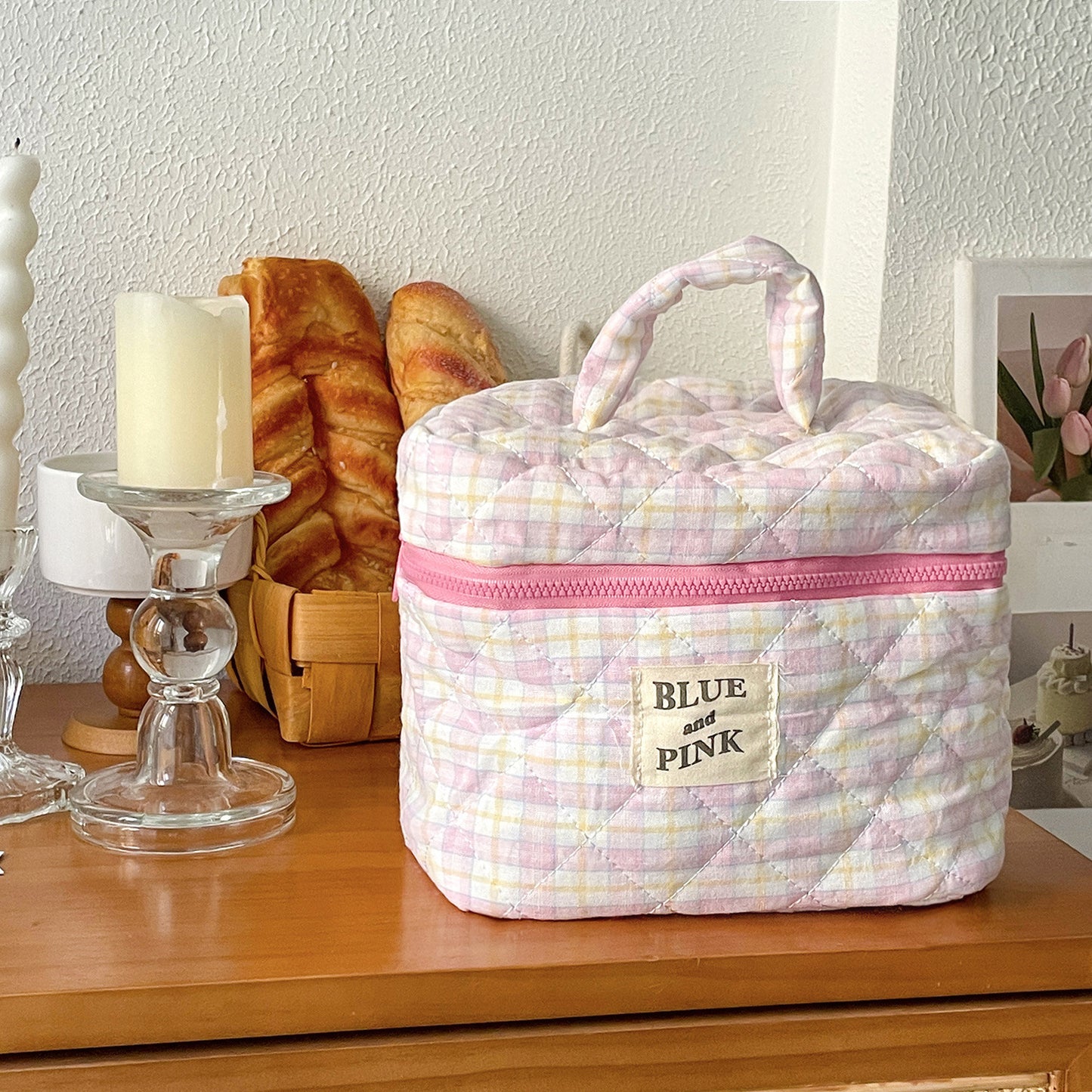 Sacs à cosmétiques matelassés en coton doux, rangement à carreaux pour femmes, simples et portables