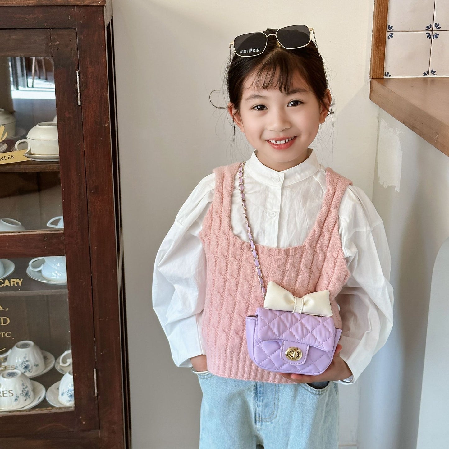 Children's Korean Diamond Embroidery Thread Bow Trendy Children's Shoulder Bags