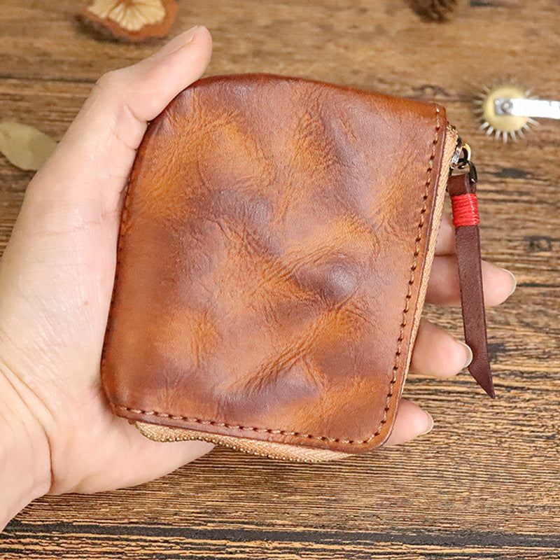 Women's First Layer Cowhide Zipper Hand-rub Color Coin Purses