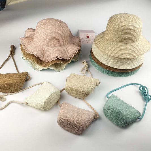 Chapeau de soleil en papier de paille d'été pour enfants, Mini porte-monnaie pour enfants