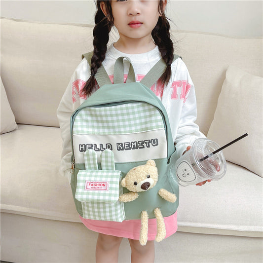 Children's Cute Bear Doll Plaid Printed Letters Children's Backpacks