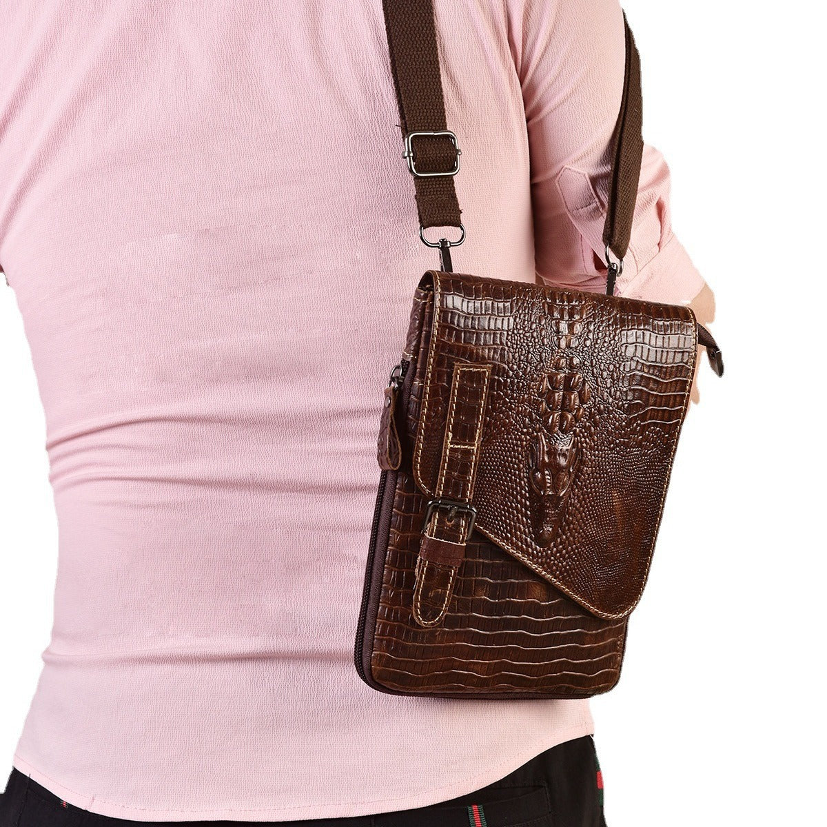 Men's Crocodile Pattern Genuine Leather Small Multifunctional Men's Shoulder Bags