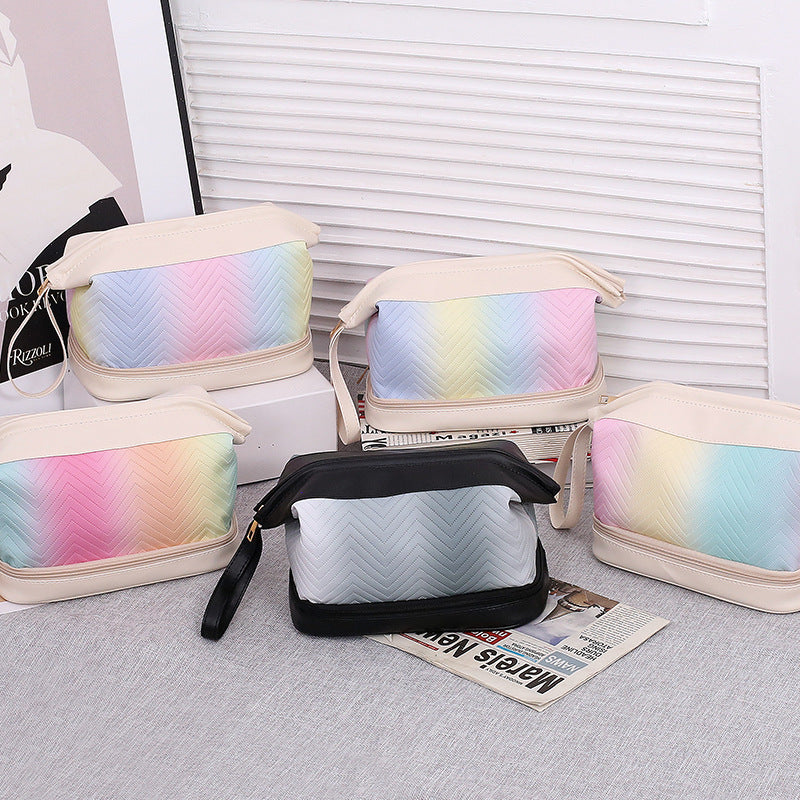 Women's Gradient Color Double Layer Portable Toiletry Large Capacity Cosmetic Bags