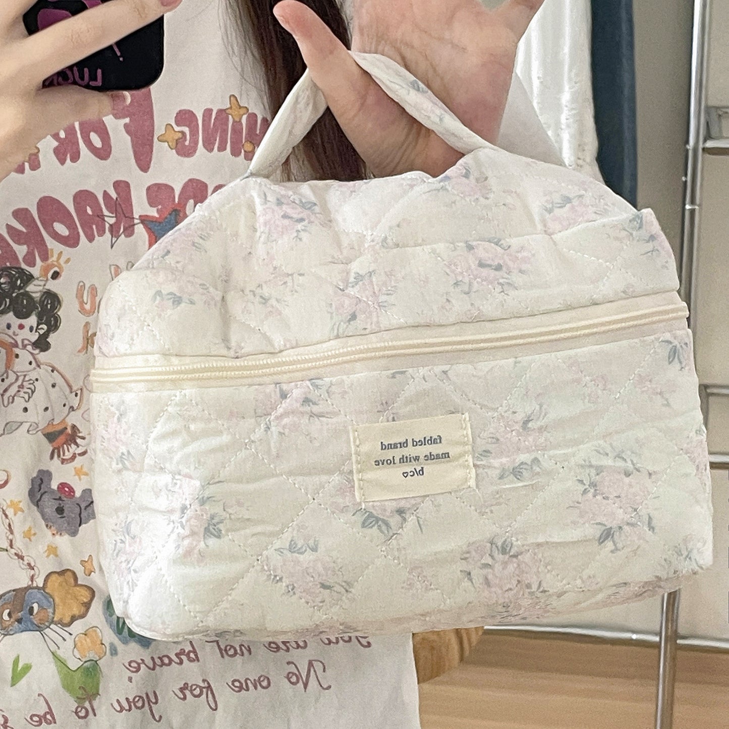 Sacs à cosmétiques matelassés en coton portable mignon de grande capacité de maquillage