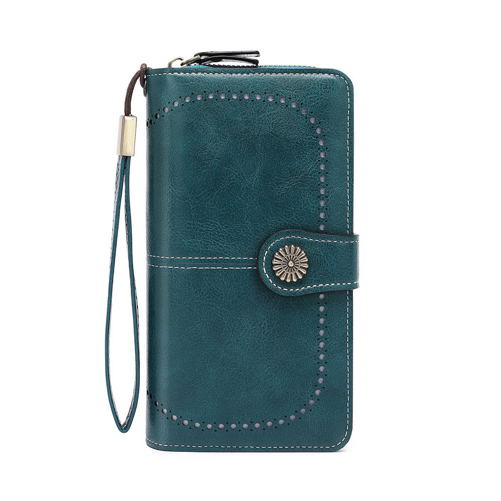 Women's Oily Leather Mobile Long Zipper Hollow Phone Bags