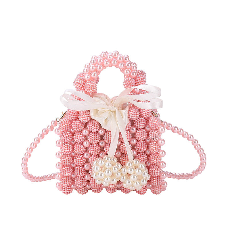 Women's Pure Color Beaded Pearl Woven Small Children's Shoulder Bags