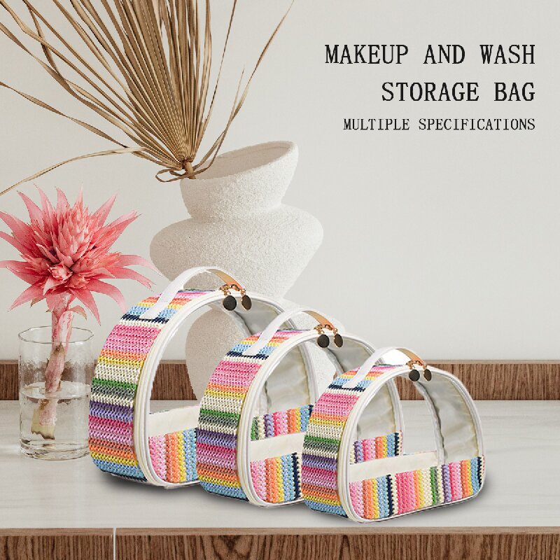 Straw Woven Transparent Semicircle Waterproof Rainbow Cosmetic Bags