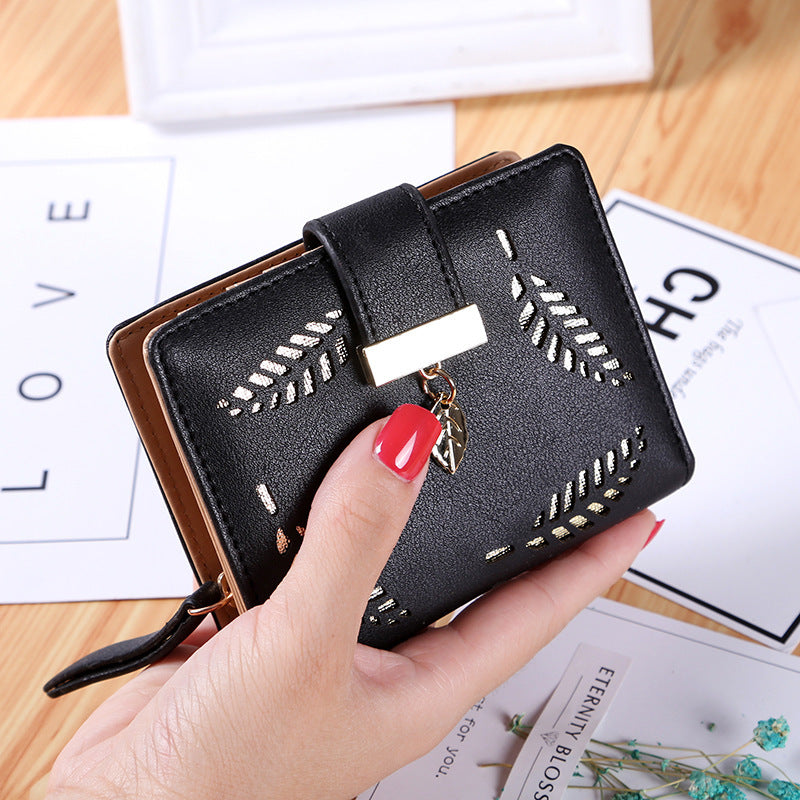 Women's Korean Style Short Zipper Hollow Leaves Ladies Wallets