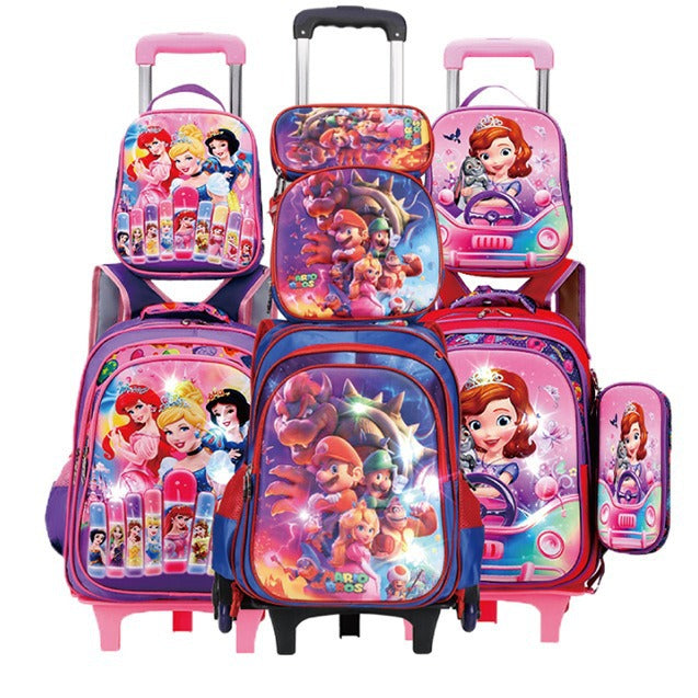 Children's With Light Cartoon Six-wheel Two-wheel Ladder Elementary School Students' Schoolbags