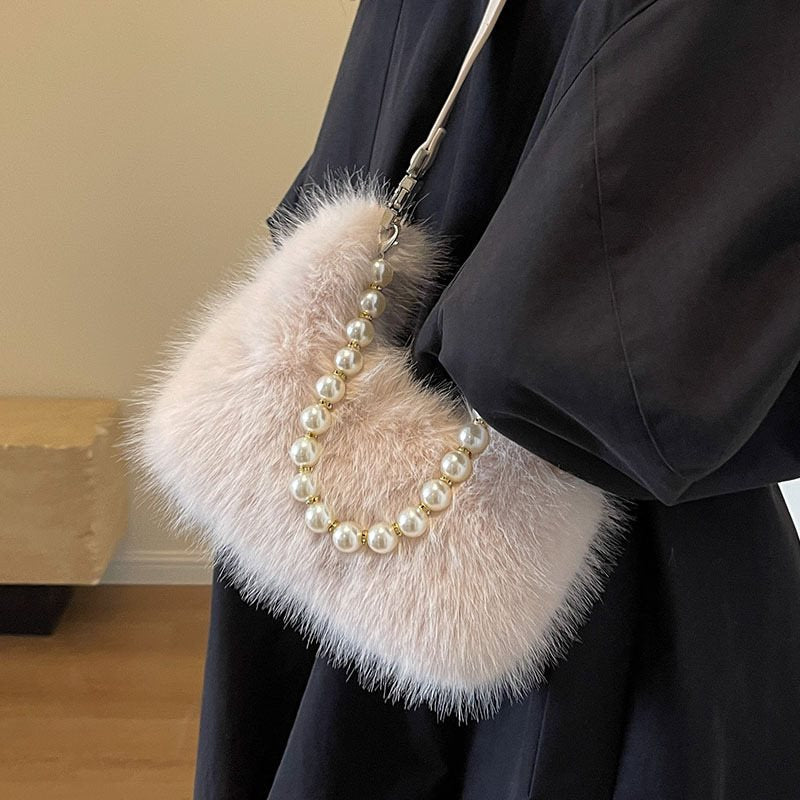 French Fashionable Pearl Tote Female Fur Crossbody Bags