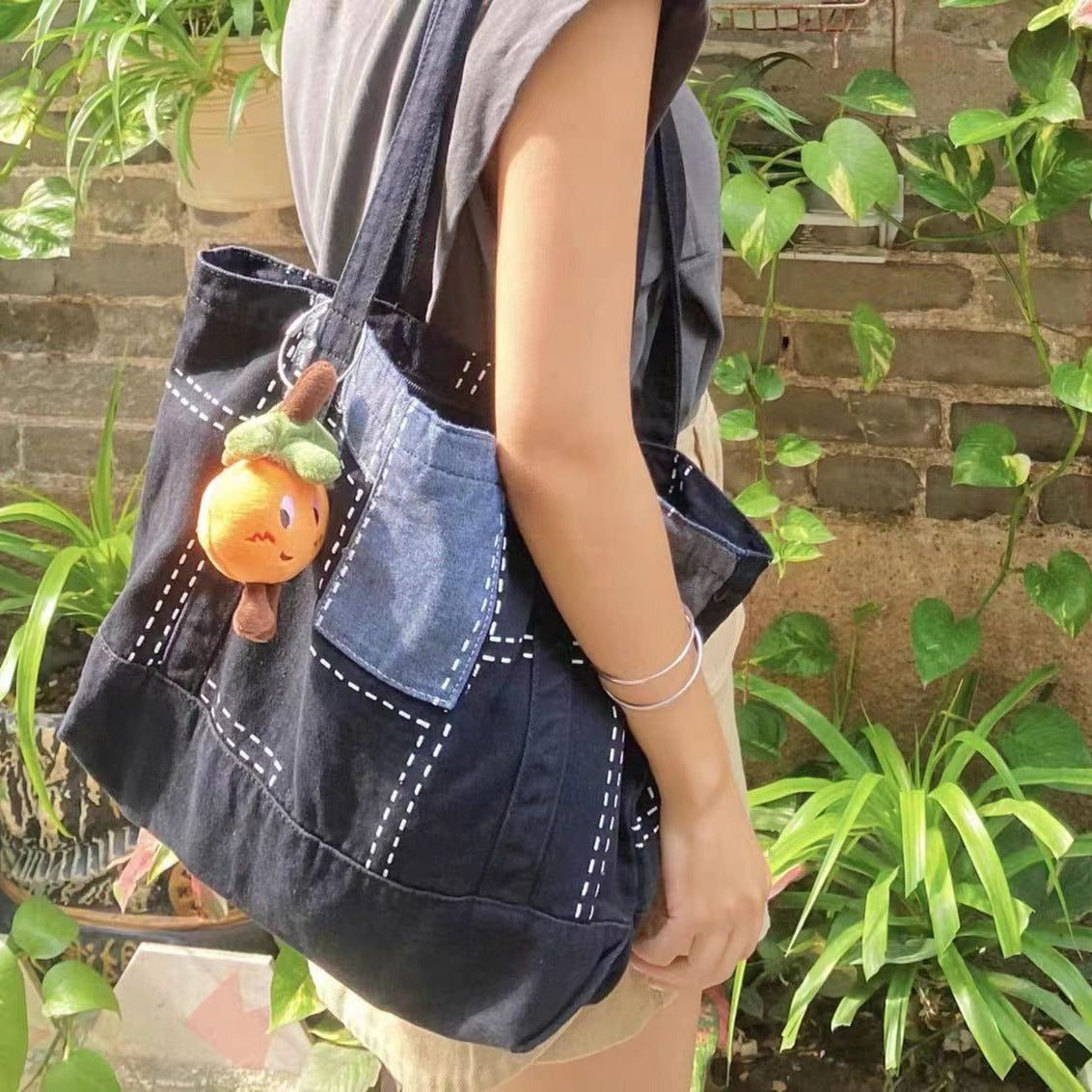 Women's Square Washed Denim Artistic Single Canvas Shoulder Bags