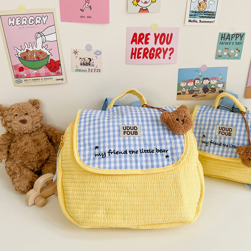 Children's Korean Cute Bear Plaid Boys Embroidery Children's Backpacks