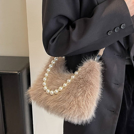 French Fashionable Pearl Tote Female Fur Crossbody Bags