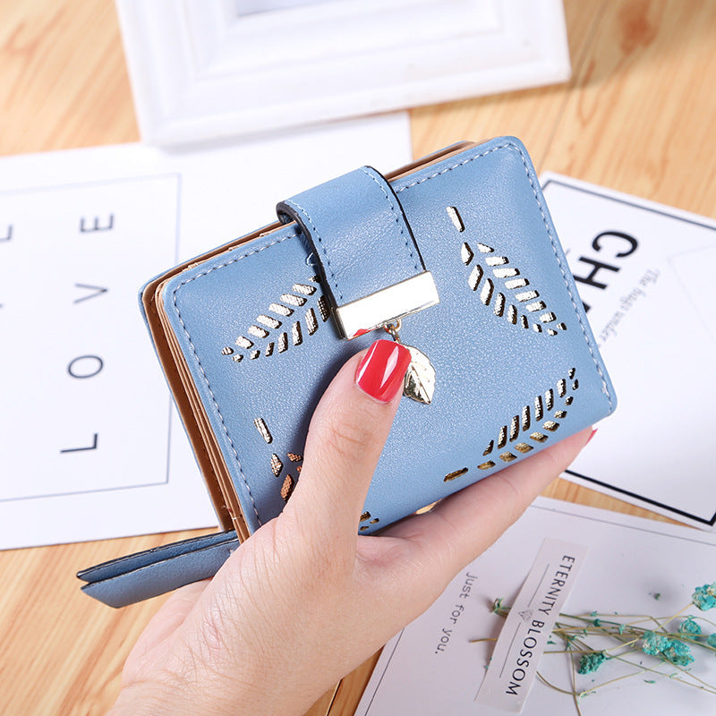 Women's Korean Style Short Zipper Hollow Leaves Ladies Wallets