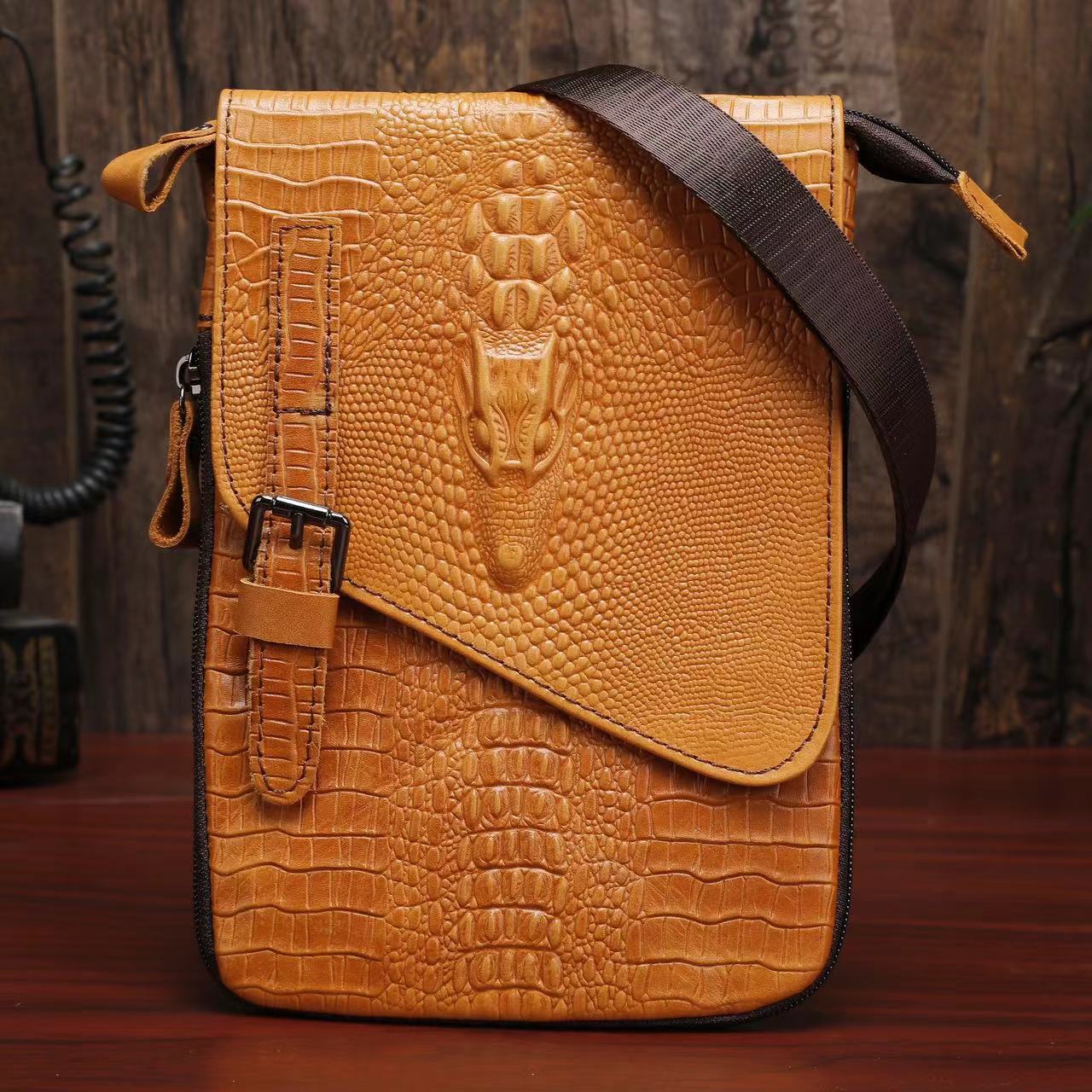 Petits sacs à bandoulière multifonctionnels en cuir véritable pour hommes, motif Crocodile