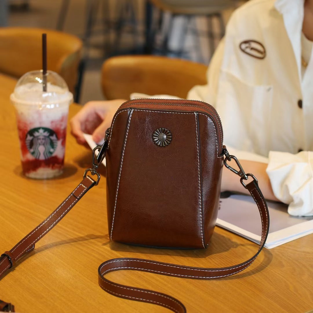 Women's Style Oil Wax Two Layers Leather Phone Bags