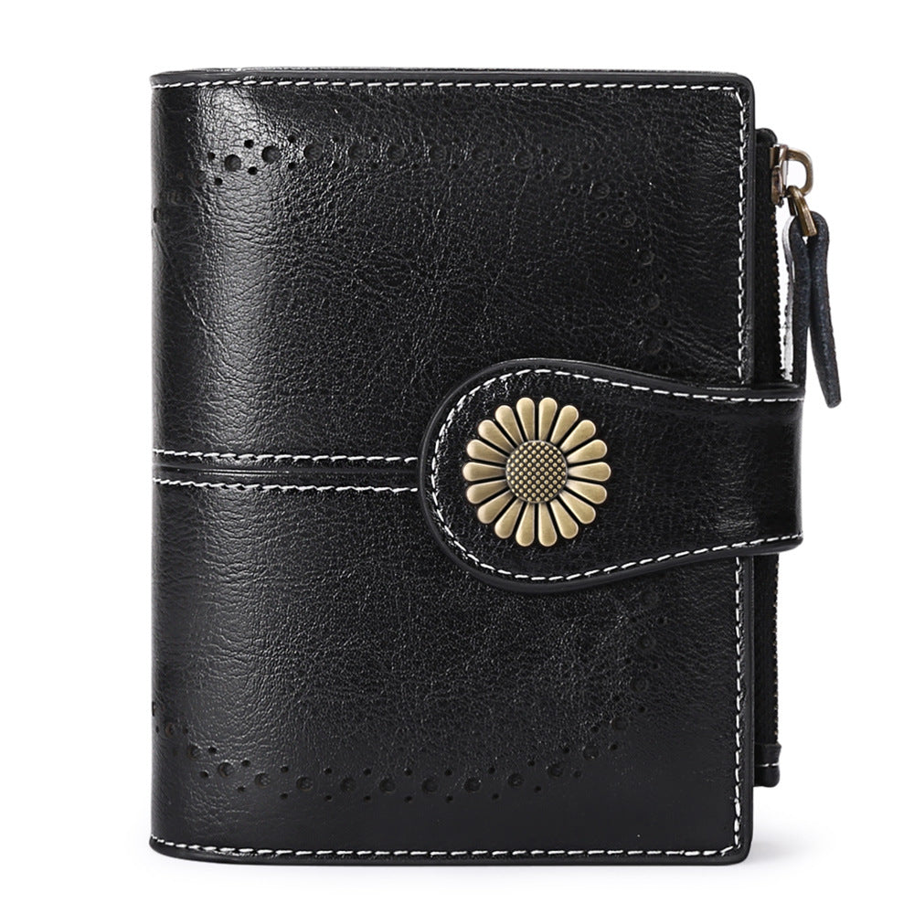 Women's Short Oil Wax Leather Zipper Ladies Wallets