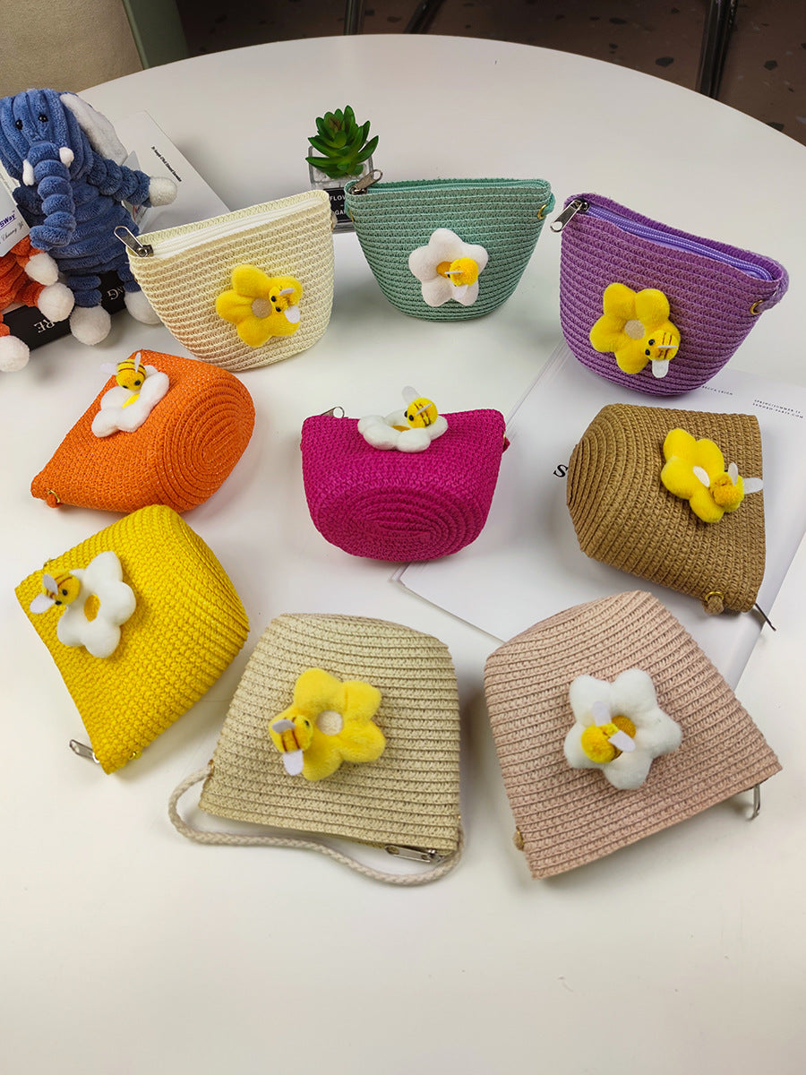 Children's Mini Straw Flower Woven Small Little Coin Purses