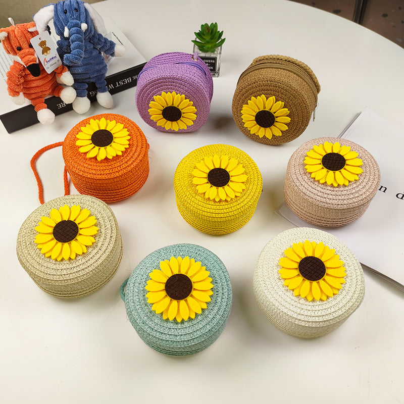 Children's Mini Straw Flower Woven Small Little Coin Purses