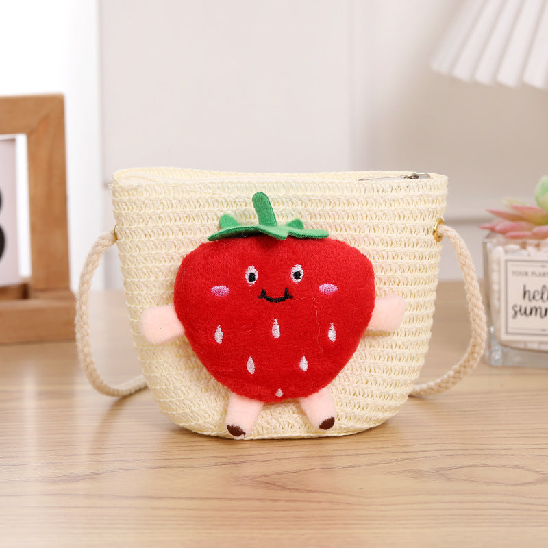 Porte-monnaie en paille tissée aux fraises pour enfants, petit changement, mignon