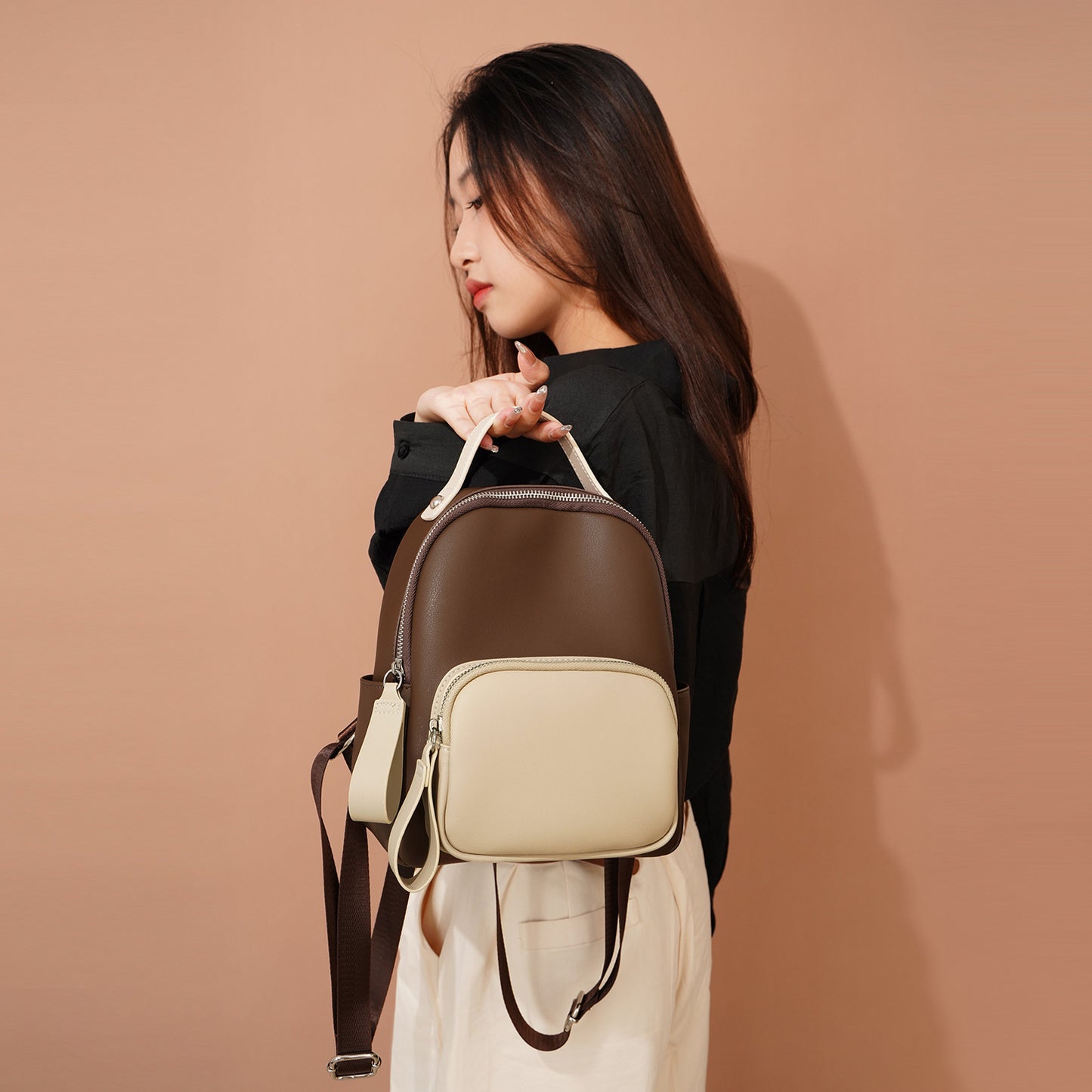 Women's Contrast Color Small Leather Commuting Lightweight Backpacks