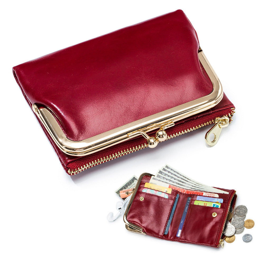 Women's Genuine Leather Retro Clutch Short Clip Ladies Wallets