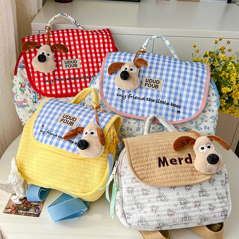 Children's Korean Quilted Cute Puppy Plaid Boys Children's Backpacks