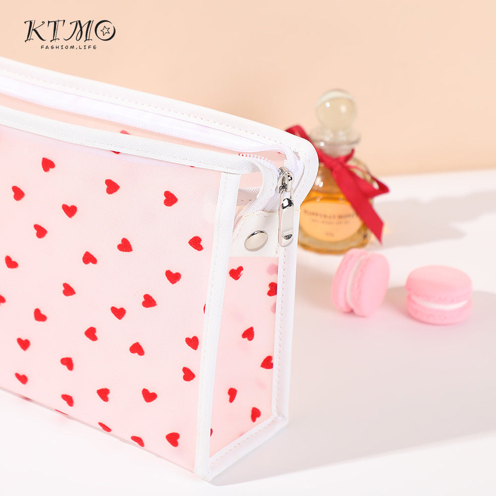 Mesh Flocking Love Storage Simple Large Capacity Wash Cosmetic Bags