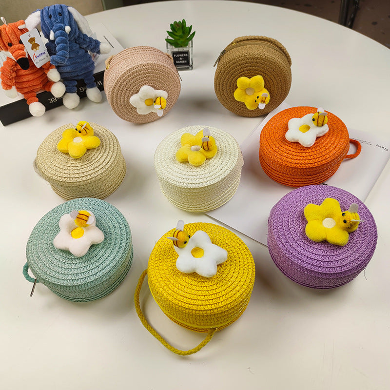 Children's Mini Straw Flower Woven Small Little Coin Purses