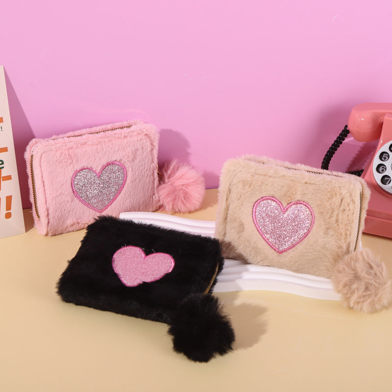 Classic Plush Zipper Heart-shaped Korean Style Children's Coin Purse