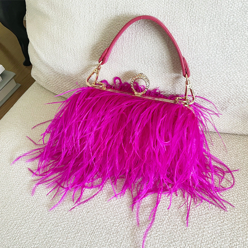 Women's Retro Rose Red Ostrich Feather Small Square Bags