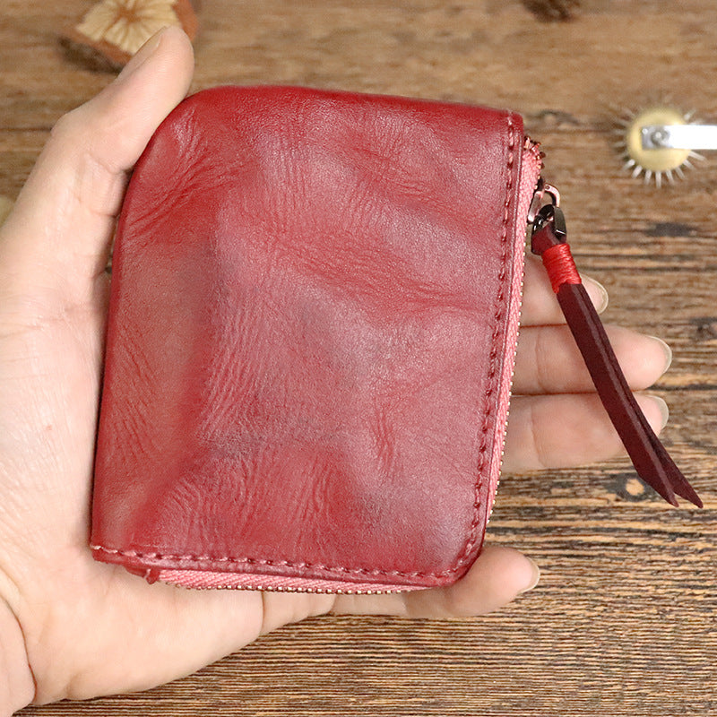 Women's First Layer Cowhide Zipper Hand-rub Color Coin Purses