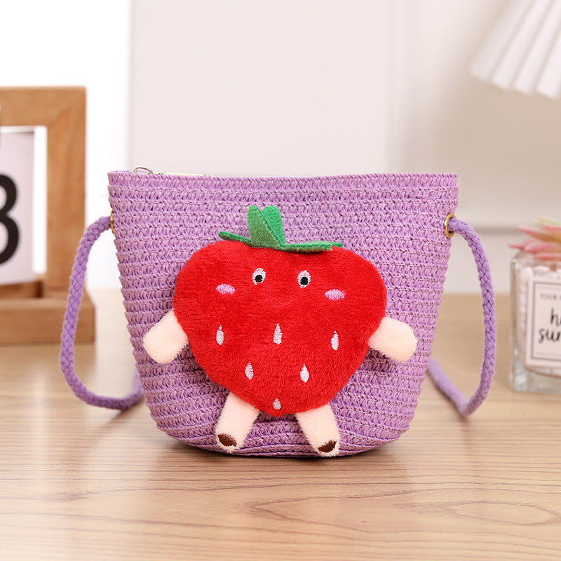 Porte-monnaie en paille tissée aux fraises pour enfants, petit changement, mignon