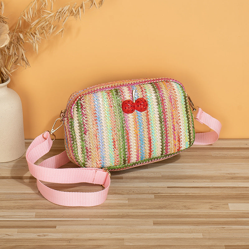 Versatile New Cherry Straw Woven Rainbow Waist Packs