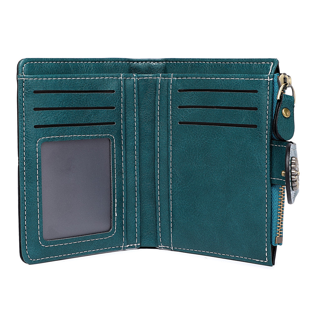 Women's Oily Leather Short Zipper Hollow Multifunctional Ladies Wallets