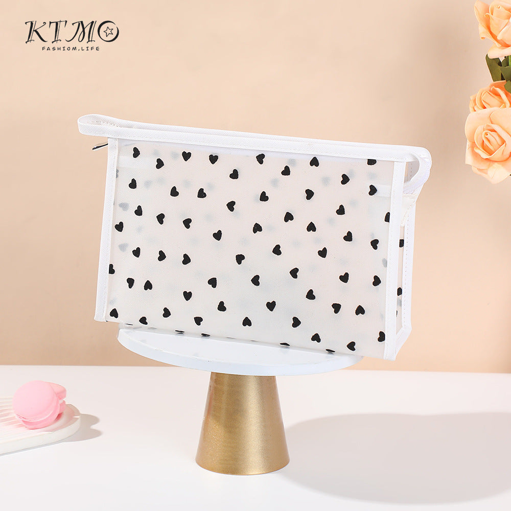 Mesh Flocking Love Storage Simple Large Capacity Wash Cosmetic Bags